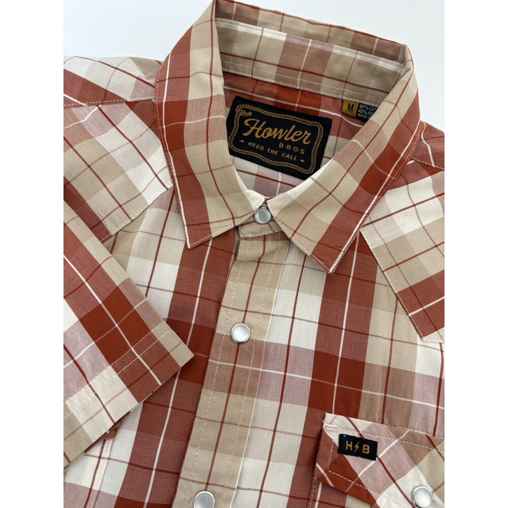 Howler Brothers H-Bar-B Snapshirt Mens M Orange Tan Plaid Western Pearl Snap